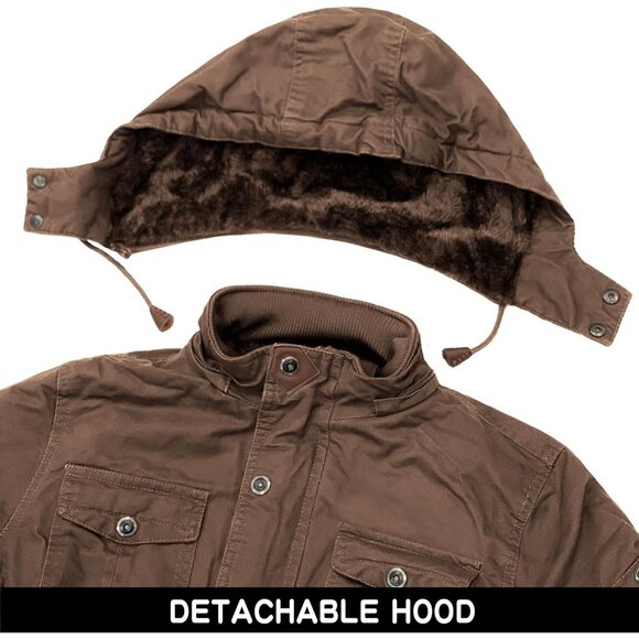 Mens Brown Thick Winter Jacket Hooded Fleece Lined Cotton Military Coat - Picture 5 of 7